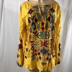 Johnny Was Biya Ziggy Yellow Embroidered Blouse